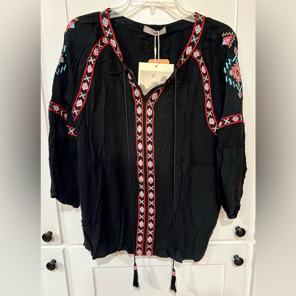 Delila Boho 3/4 Sleeve, light weight, flowy embroidered blouse w/ Tassel ties